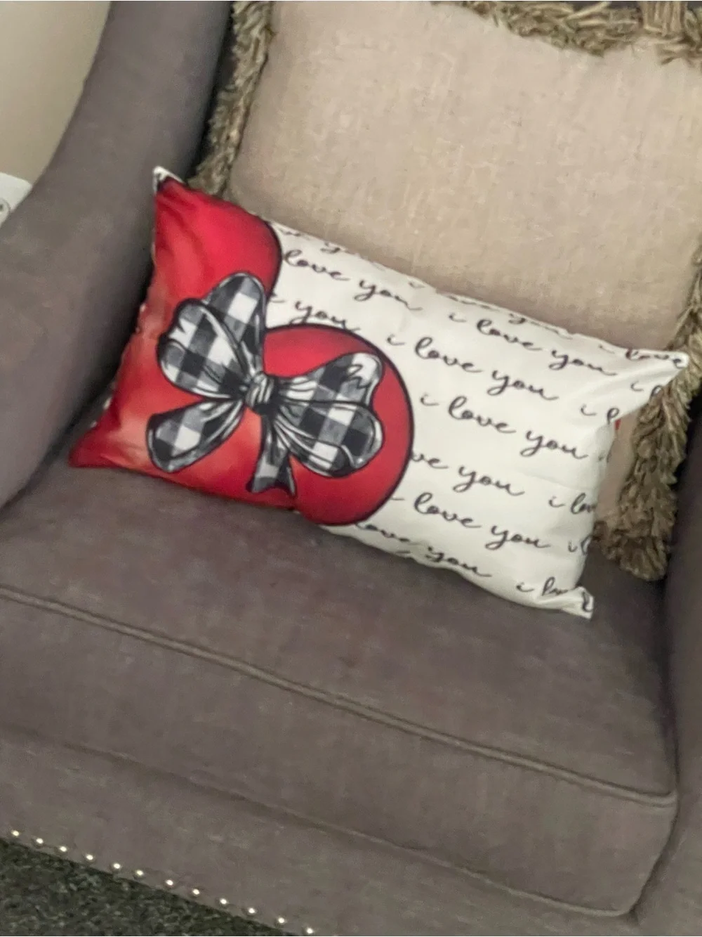 Red Heart Bow Printed Decorative Pillow - Home love
